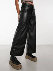 Women Casual Loose Faux Leather Cargo Pants Fashion Ladies Vintage Matte