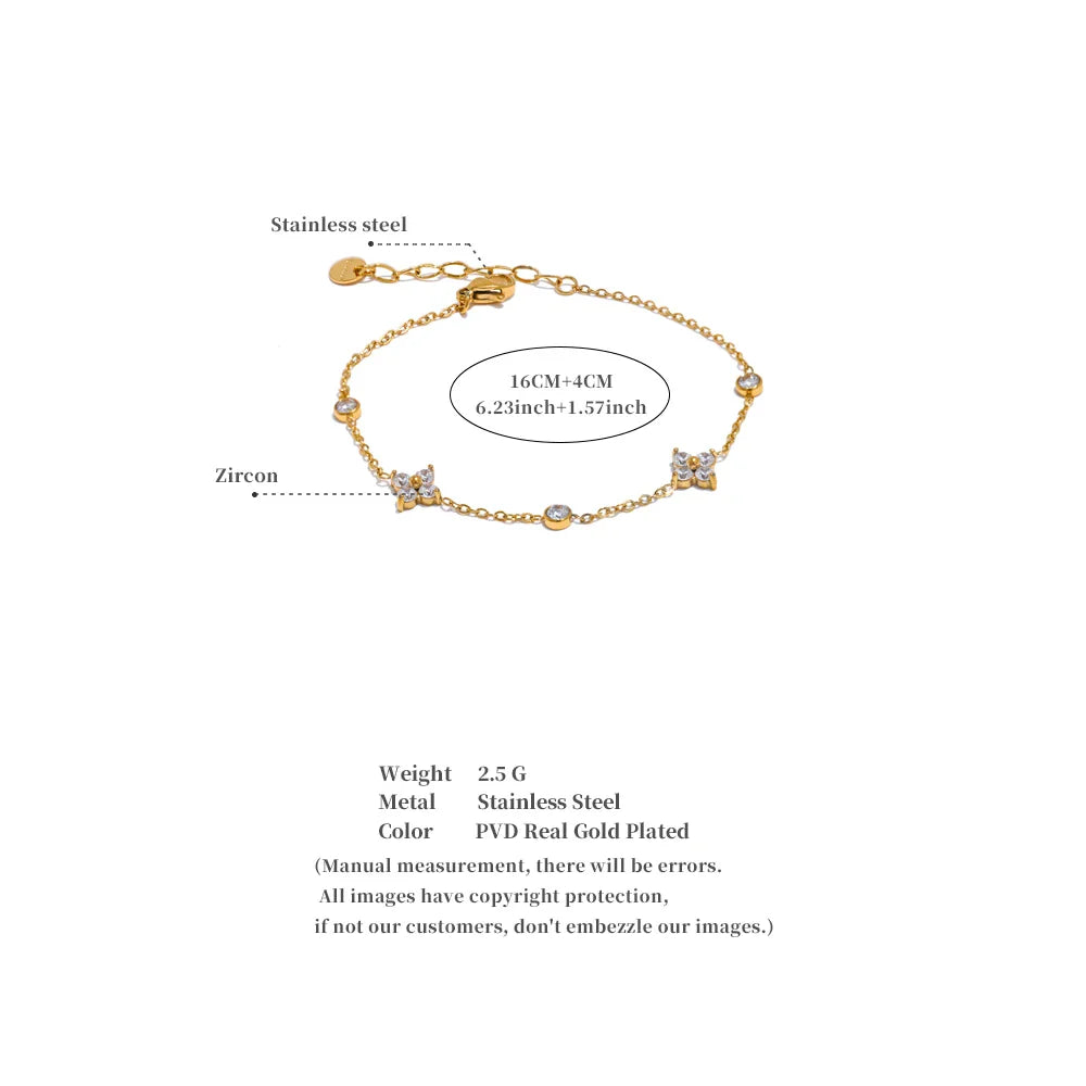 Yhpup Delicate Cubic Zirconia Flower Chain Thin Bracelet Bangle Stainless Steel Rust Proof Office Ladies Chic Jewelry New Gift