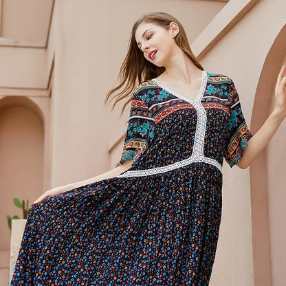 Bohemian vintage oversized dress Hainan Sanya vacation chubby mm beach skirt dress for women Plus Size Dresses