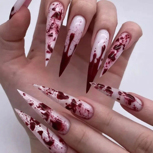 Red Halo Dyeing Bloodstain Design Long Pointed False Nails Halloween Detachable