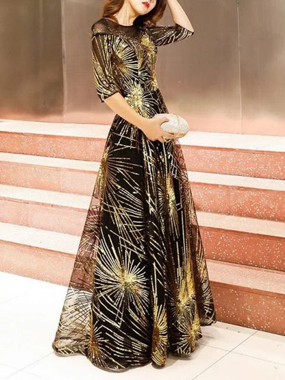 Homecoming Dresses: O-neck Slim Waist Half Sleeve Sequined Evening Dresses