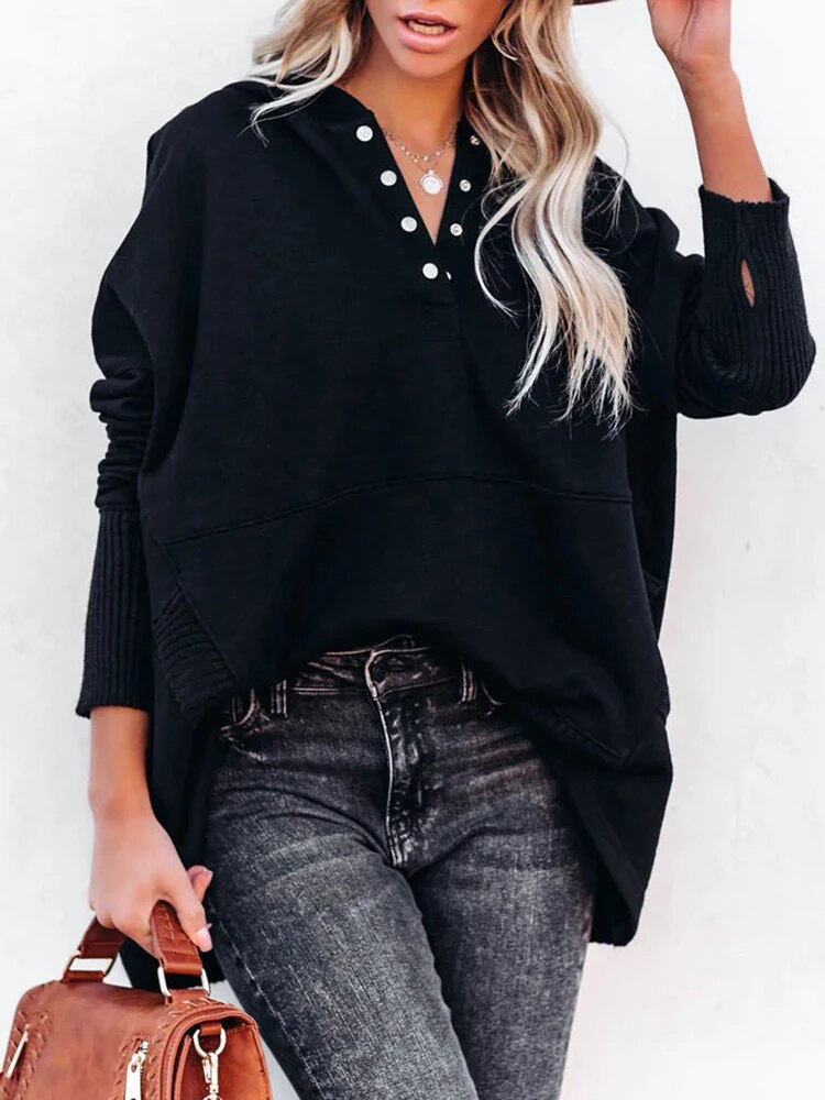 Pocket Pullovers Women Solid Spring Autumn Loose Long Batwing Sleeve Casual Hooded