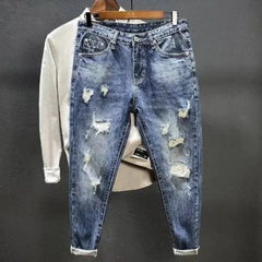 Torn Mens Cowboy Pants with Print Ripped Broken Holes Graphic Trousers