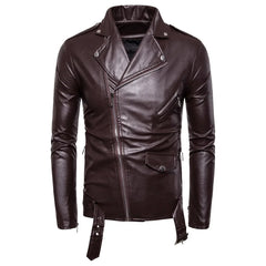 Mens Leather Jackets White Black Casual Lapel Slim Fit Diagonal Zipper