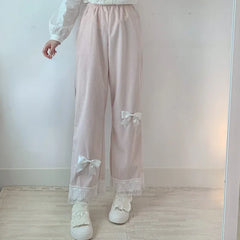 Women's Kawaii High Waist Corduroy Pants Sweet Bow Lace