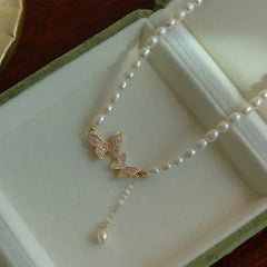 Fashion Women Vintage Butterfly Pearl Necklace Women's Pendant Collar Chain