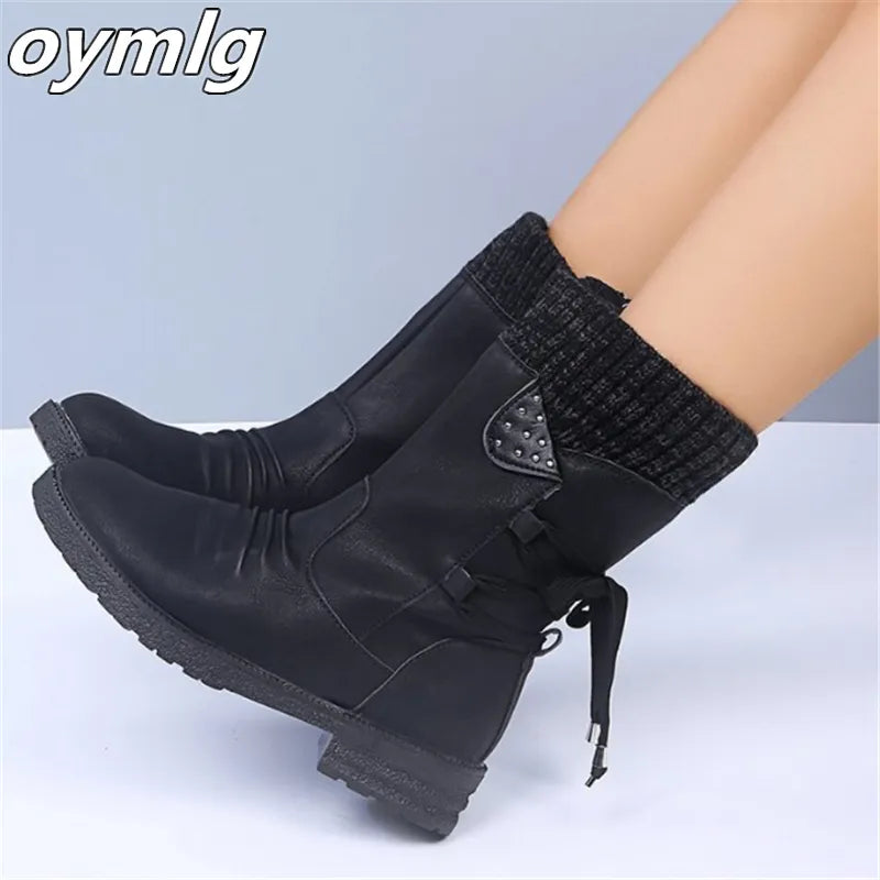 Winter Women Mid-Calf Boots Fashion Snow Boots Retro Zipper Warm Boots
