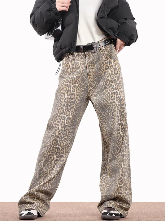 American Style Leopard Wash Jeans Women Y2K Retro Street Hot Girl Loose Casual Pants