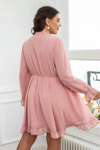 Plus Size V Cut Out Neck Women's Dress Lace-Up Long Ruffle Sleeve Robe Elastic Waist Pink Dot A-Line Mini Elegant Dresses