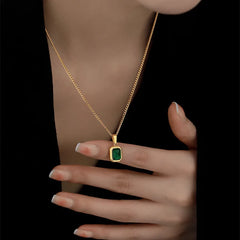 Retro Square Green Zircon Pendant Necklace For Women Titanium Steel Necklace Girls