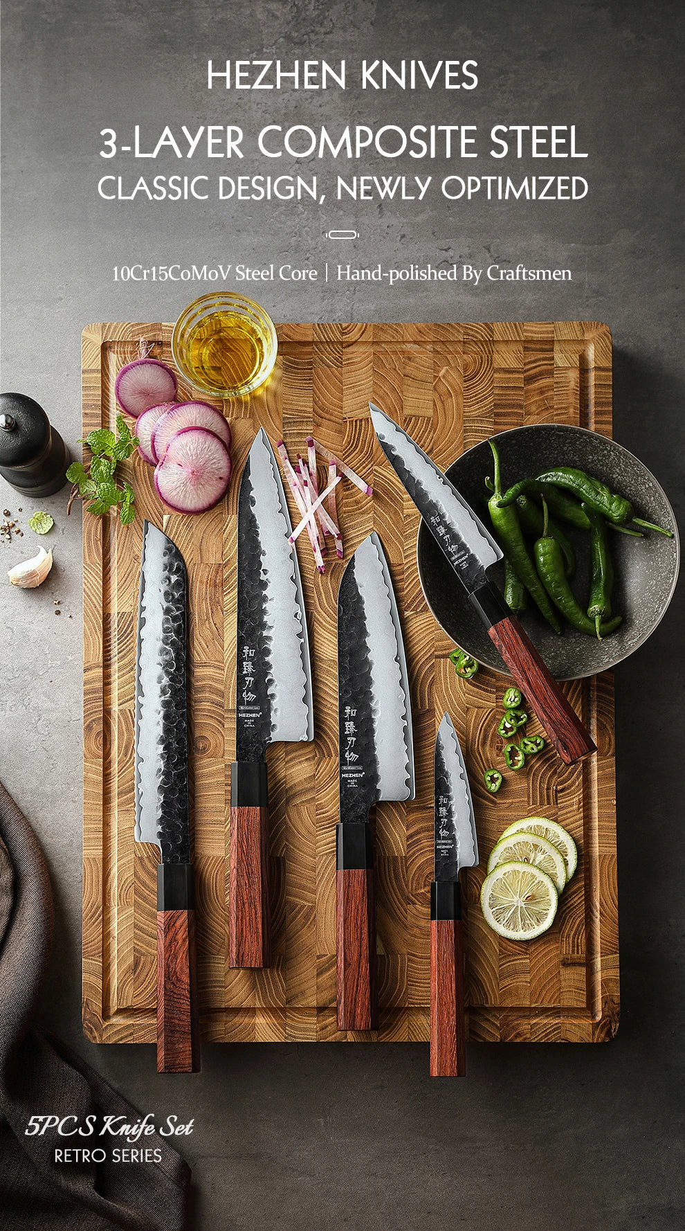 1PC-5PC Kitchen Knife Set Chef Utility Stainless Steel 3 Layers Composite