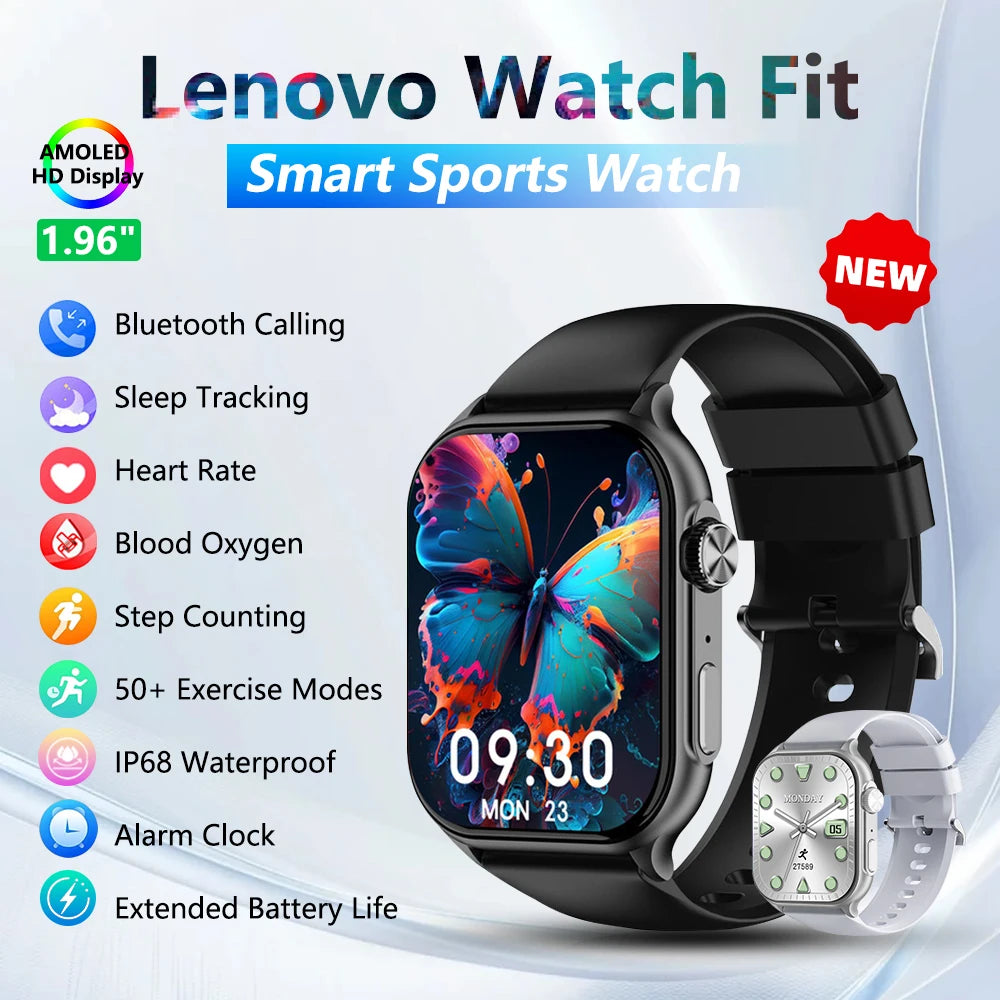 Lenovo 2025 New Smart Watch Men Women 1.96” HD AMOLED Heart Rate Health Monitor Bluetooth Call Waterproof IP68 For Android IOS