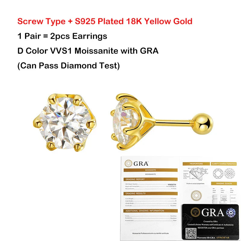 EWYA 0.2/0.5/2ct D Color Moissanite Screw Stud Earrings for Women Men Silver 925 Plated 18K Pass Diamond Test 6 Prong Earring