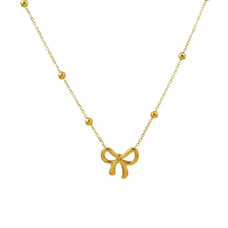 ANENJERY L316 Stainless Steel Beads Chain Hollow Bowknot Pendant Necklace for Women Niche Simple Jewery Accessory