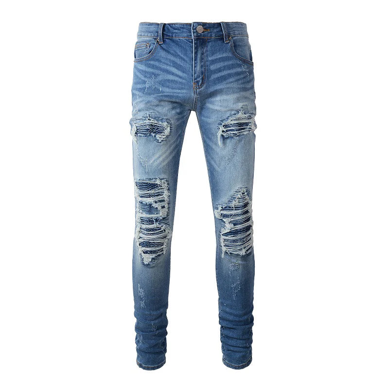 Men Biker Jeans Classic Blue Pleated Patch Patchwork Ripped Pants Streetwear