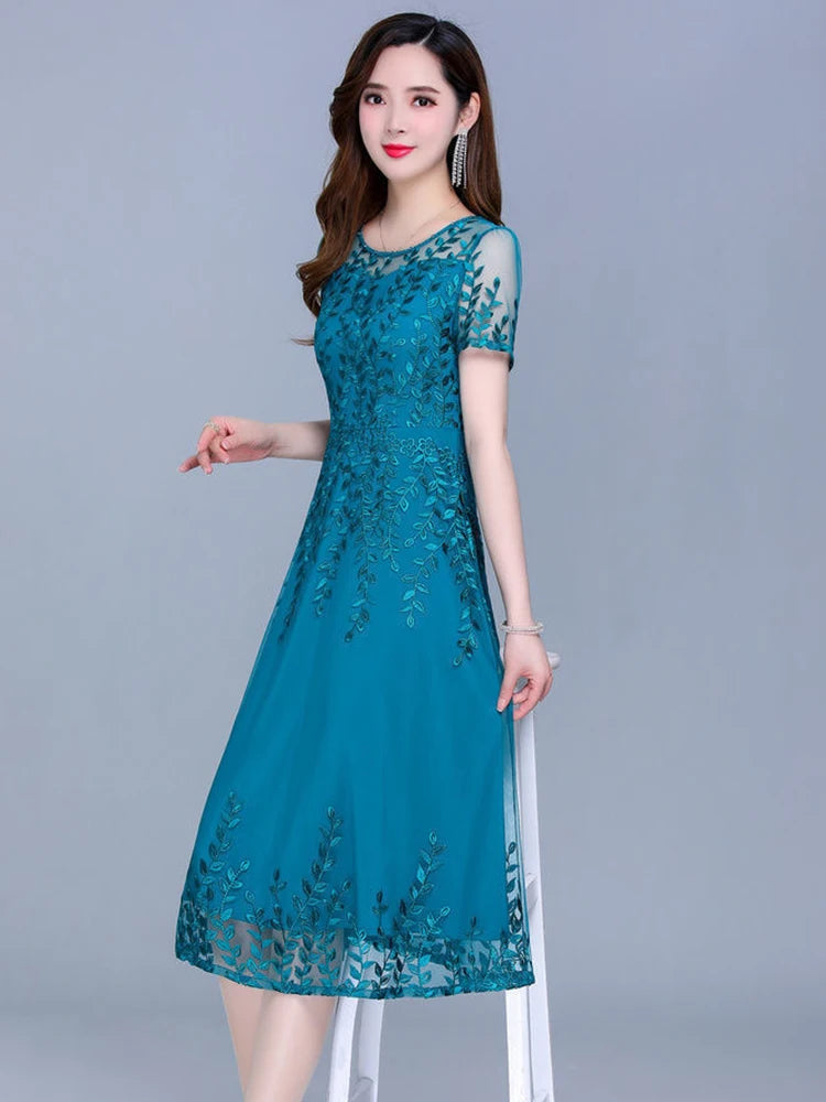 Evening Dresses: Blue Casual Chiffon Mesh Korean Long Dress Women