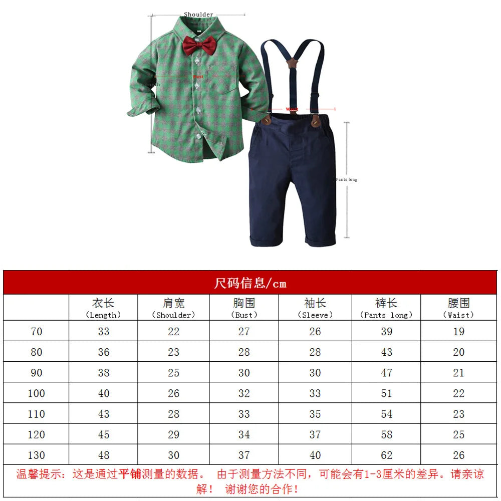 Children's Plaid Shirt and strap pants set for Boys with Bow Tie baby boy clothes 0 to 3Y Autumn Boys Clothes 70-130cm