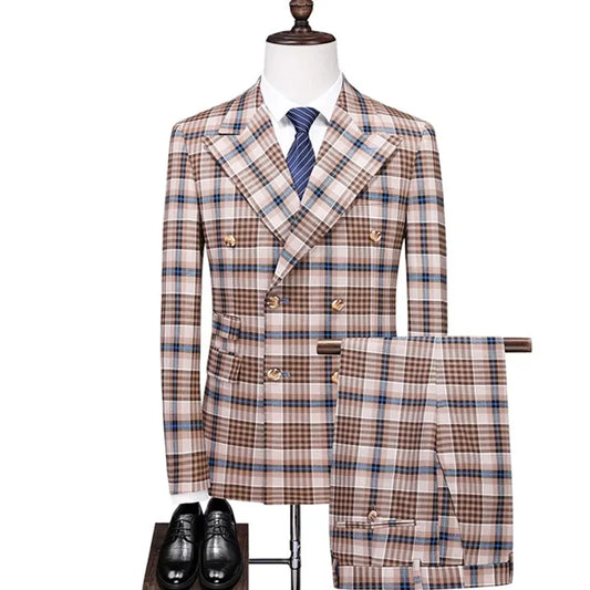 Tuxedo for Mens: Men Double Breasted Plaid Suit Coat Pants 2 Pcs Set