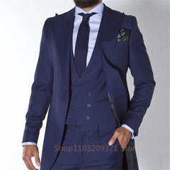 Navy Blue Long Tail Coat 3 Piece Gentleman Man Suits Male Fashion Groom Tuxedo