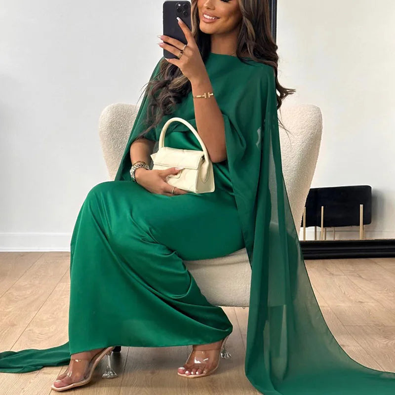 Evening Dresses:  Women Big Hem Long Dress Casual O Neck Solid Color Chiffon