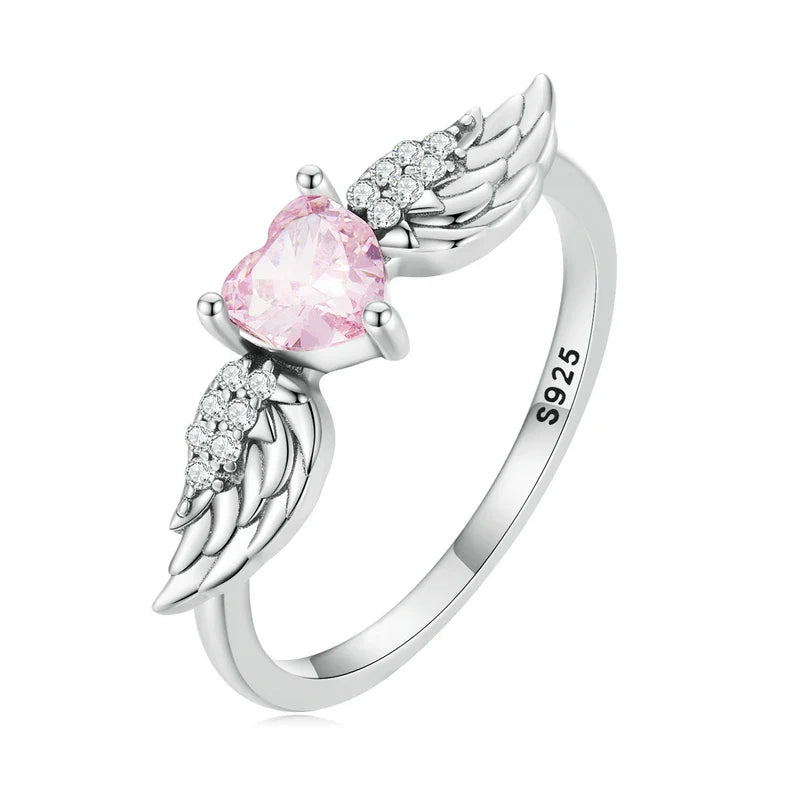 BAMOER 925 Sterling Silver Angel Wing Ring for Women Retro Feather Pink Heart Zircon Eternity Band Ring Anniversary Jewelry Gift