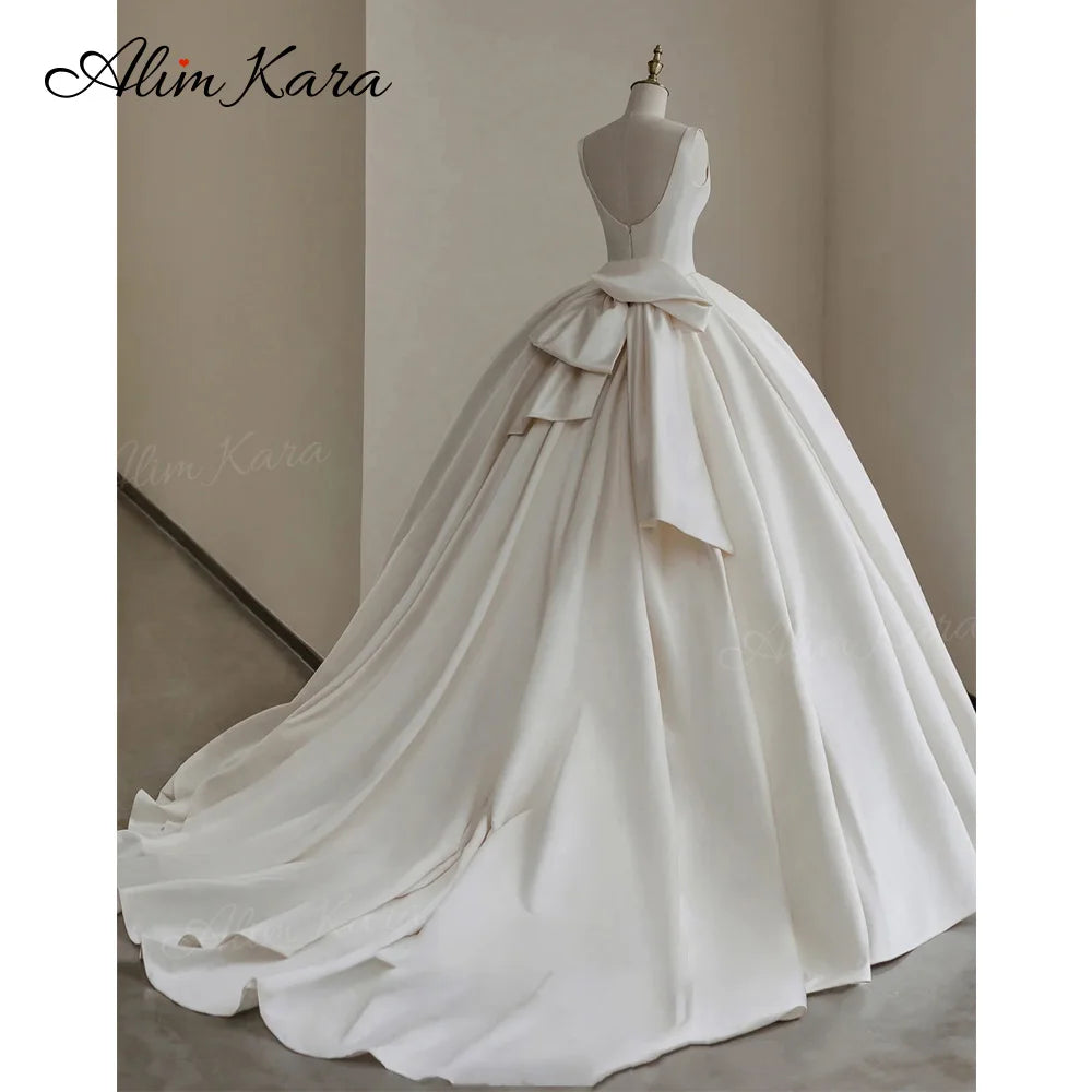 White Bridesmaid Dresses: Wedding Dress Satin Square Collar Bow Bridal Princess