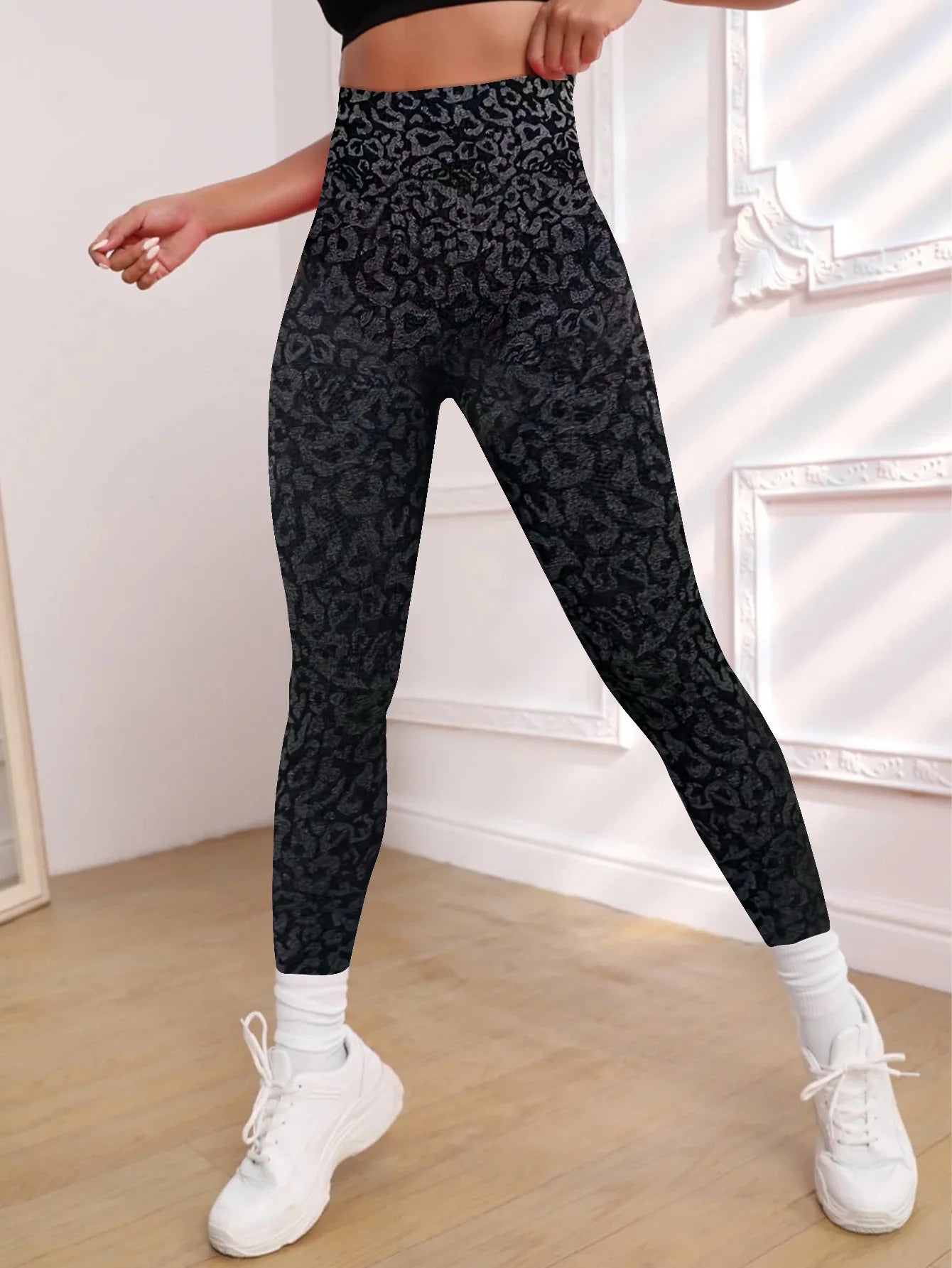 High Waist Leopard Yoga Pant Seamless Leggings Solid Scrunch Butt Lifting Booty