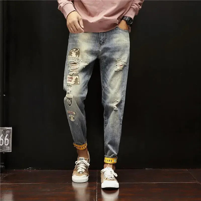 Trousers Broken Ripped Male Cowboy Pants with Holes Jeans for Men Tapered