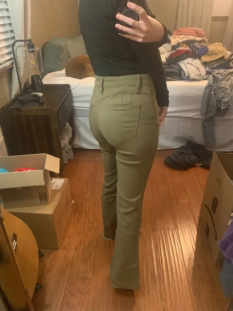 Fashion Women High Waist Army Green Jeans Lady Y2K Stretch Denim Pants