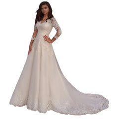 Long Wedding Dress Elegant Long Sleeves V Neck Lace Appliques