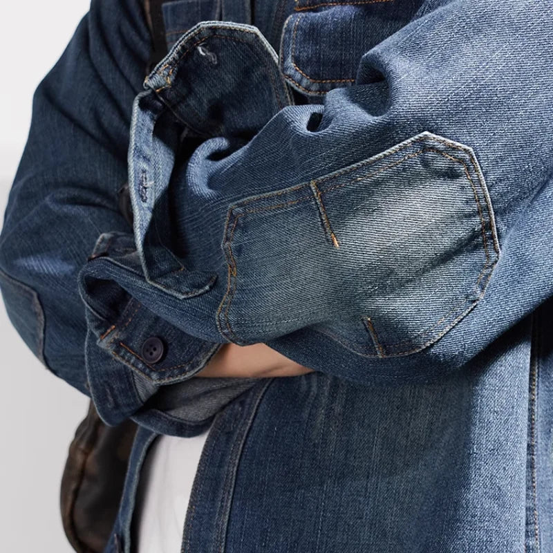Heavy Duty Denim Shirt for Men with Vintage Style Long Sleeves, Autumn/Winter
