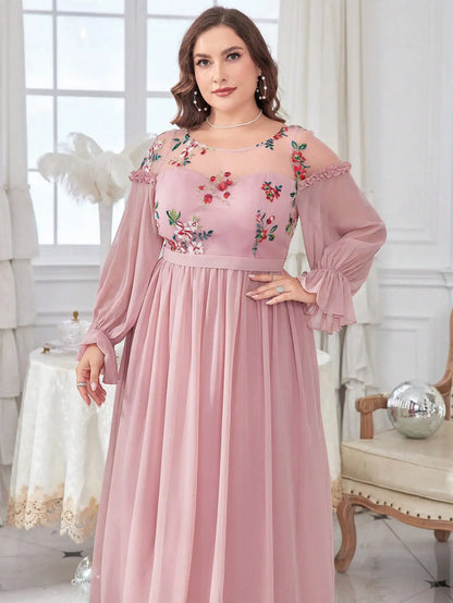 Mgiacy plus size Round neck Color embroidered half-through chiffon chiffon long sleeve dress Evening gown Ball dress Party dress