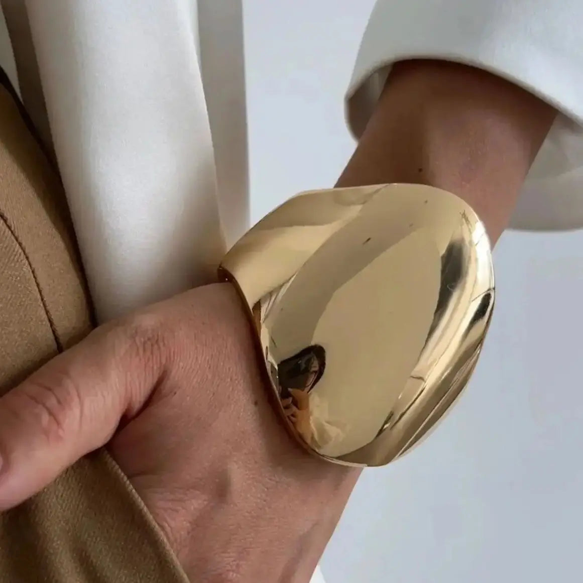 KunJoe Fashion Design Smooth Gold Color Chunky Spring Bangles for Women Exaggerated Geometric Wide Open Cuff Bracelet Unisex Men