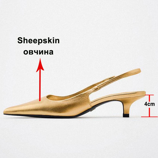 Women Genuine Leather Slingbacks Pointed Toe Block Mid Heels Pumps