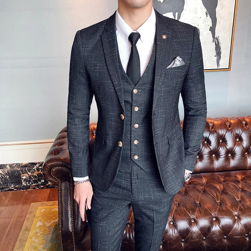 Tuxedo for Mens:Groom Wedding Dress Dark Plaid Classic Retro Men's Formal