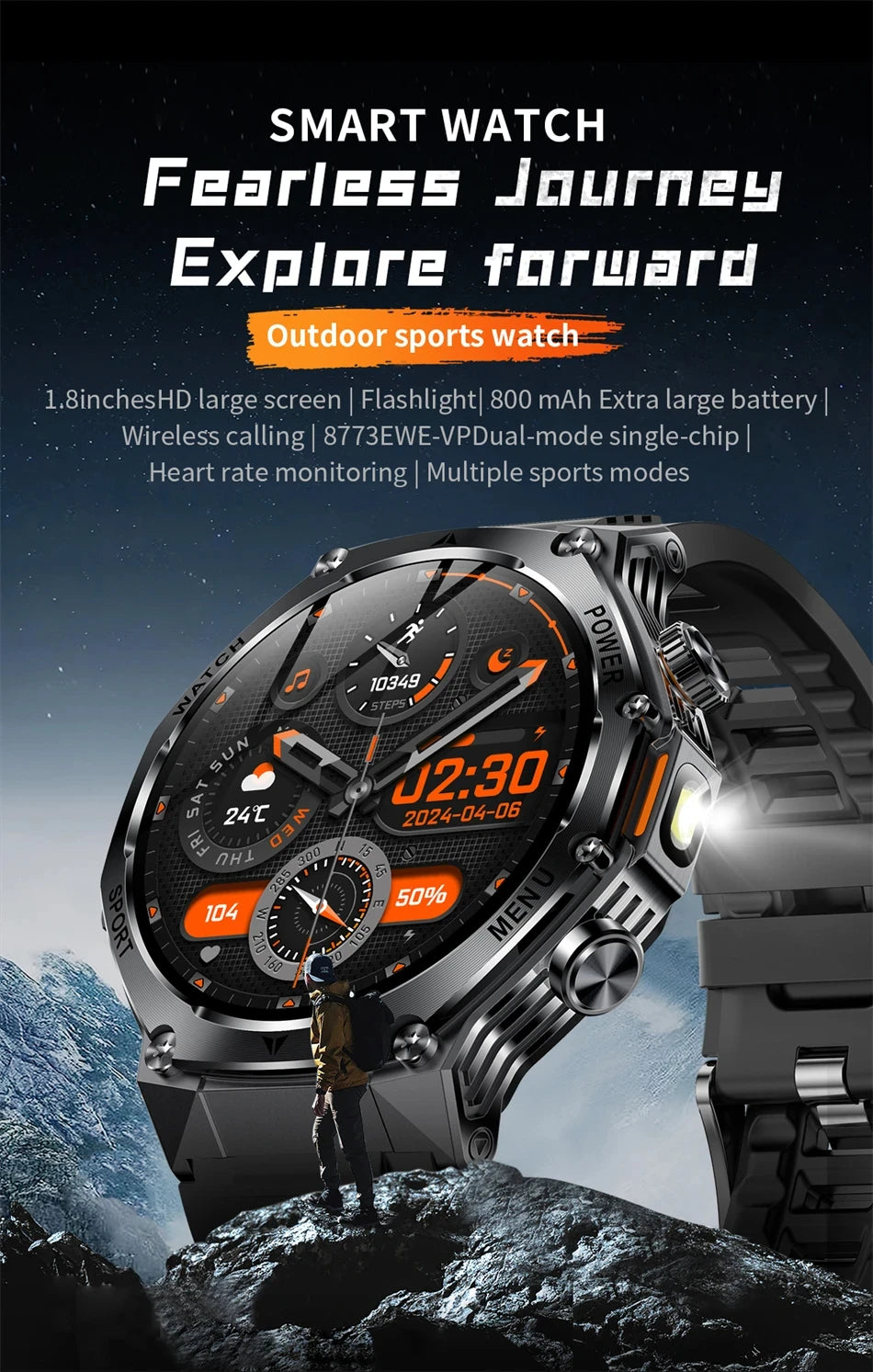 Rugged Outdoor Sports AK82 Smartwatch 1.85" HD Touchscreen 800mAh Long Battery Life Fitness Tracker Calorie Distance Smart Watch