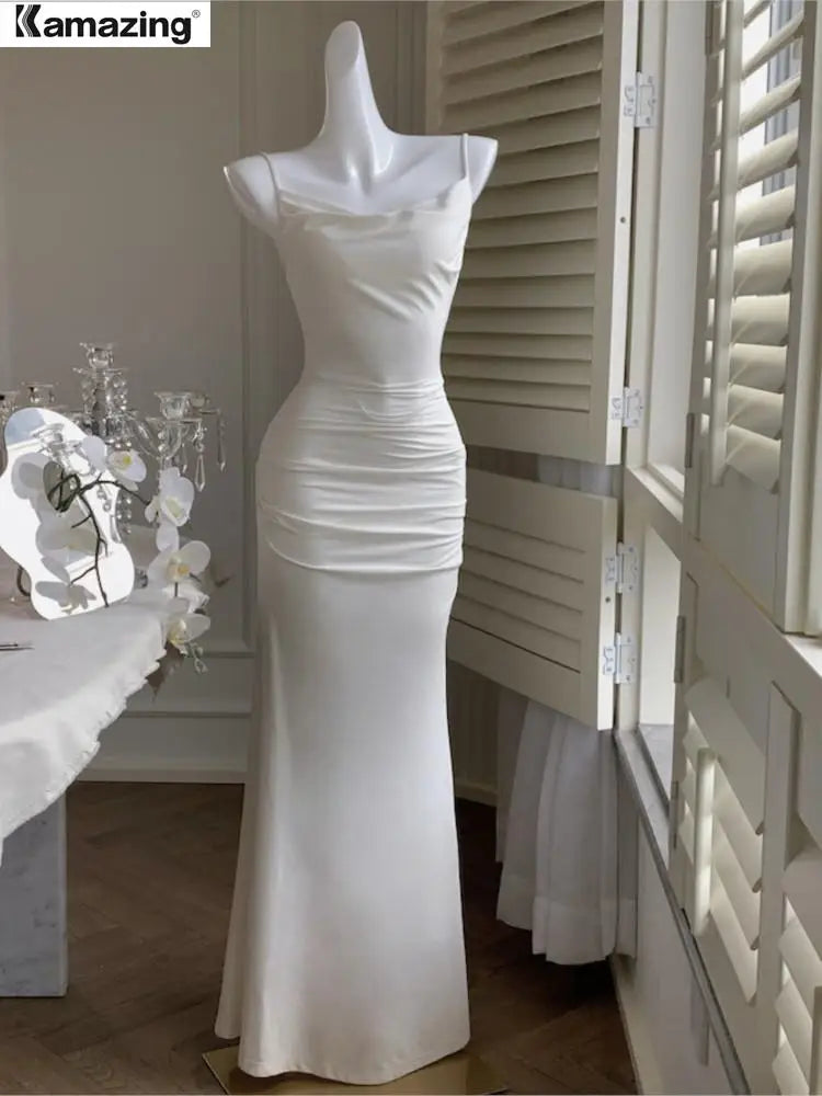 Evening Dresses: Women Elegant Spaghetti Strap Long Dress French Style Slim