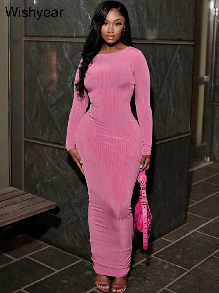 Formal attire Dresses: Elegant Solid Knitting Ribbed Evening Dresses For Women Clothes