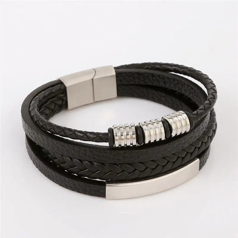 Punk Men Leather Bracelet with Stainless Steel Magnetic Clasp Braided Mutilayer Leather Wrapping Bangles Man Jewelry Gift