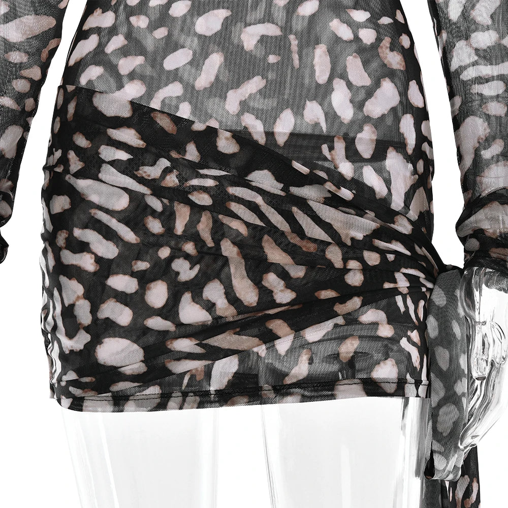 Fantoye Turtleneck Sexy Sheer Print Leopard Bandage Women Dress Long Sleeve Mini Dress Lady Spring Slim Elegant Party Club Dress