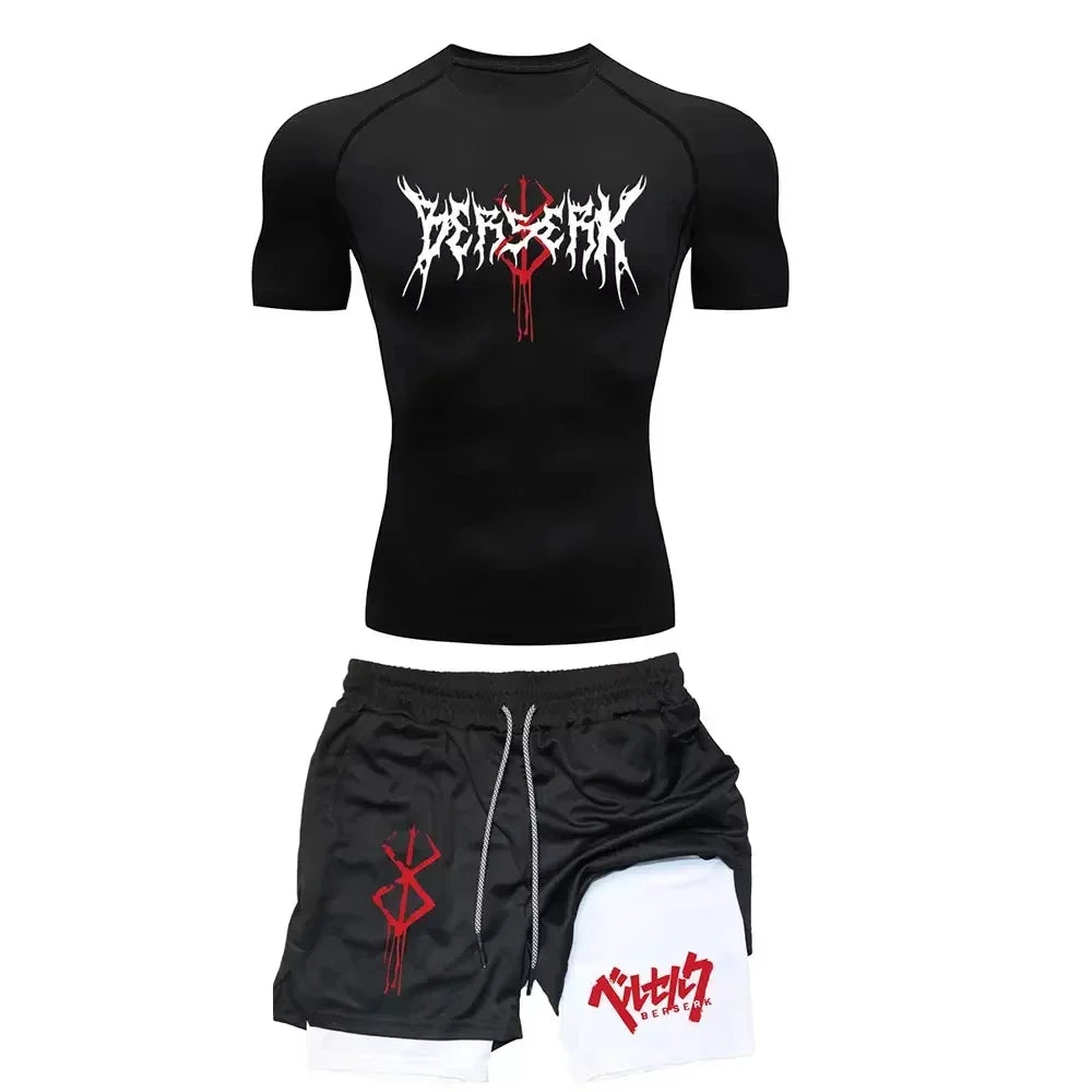 Anime Berserk Compression Set Men's Workout Gym Tshirts Breathable Running Shorts Quick Dry Sports Rash Guard Sportwear Set