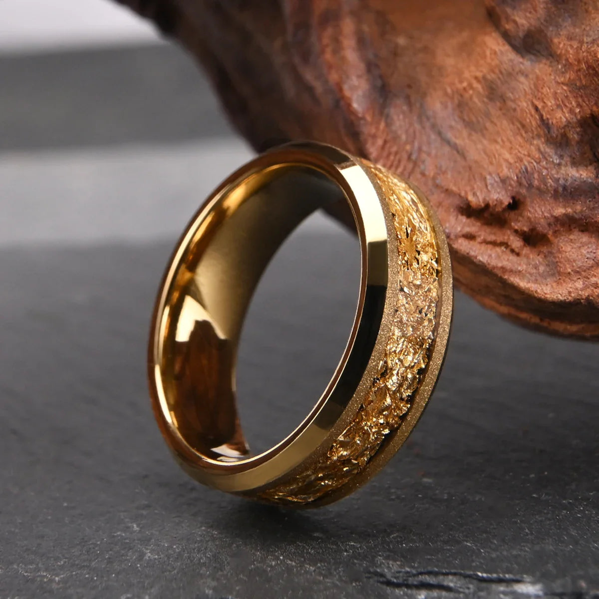 Golden Tungsten Carbide Ring 8mm/6mm Frosted Golden Leaf Men's Engagement Ring Novelty Style for Wedding Daily Wear