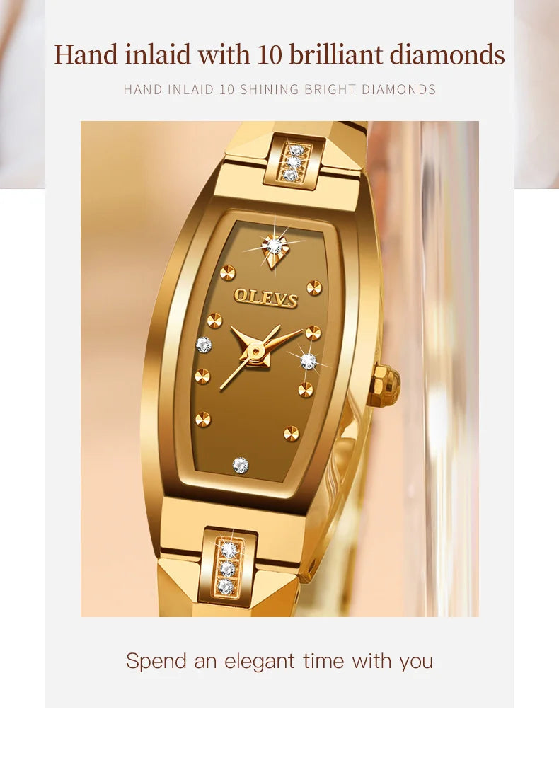 OLEVS Slim Thin Watch for Women Luxury Tungsten Steel Band Tonneau Design Square Shape Elegant Diamond Quartz Ladies Watch