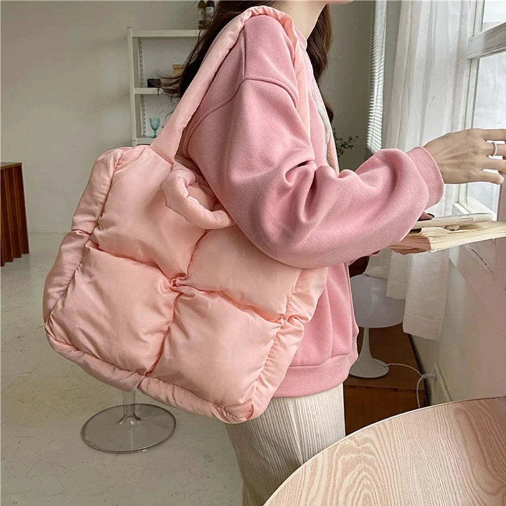 Women Retro Checkered Quilted Shoulder Bag Solid Color Winter Soft Handbags