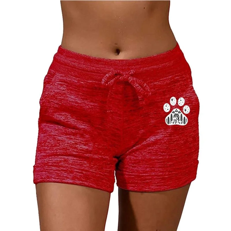 Fashion Cute Dog Paw Printed Women Shorts Summer Casual Plus Size Shorts Yoga Pants Elastic Waist Cotton Shorts