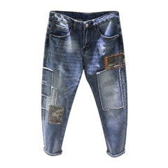 handsome personality retro patchwork jeans men's old patch holes Ripped jeans