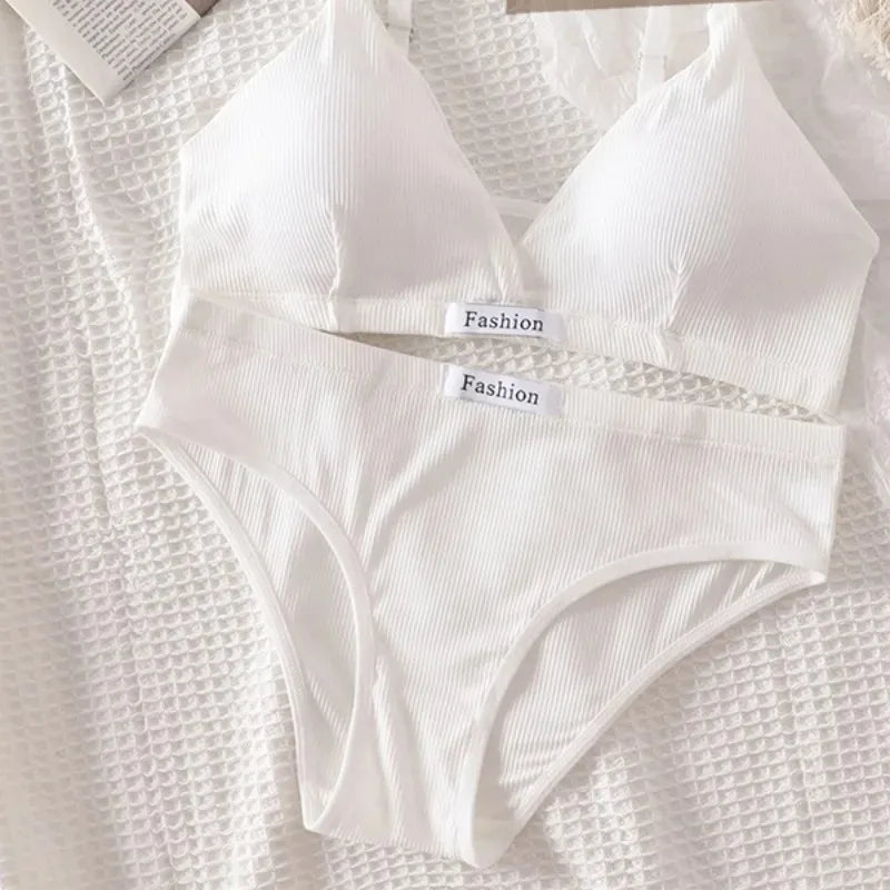 Women Cotton Bra Set Briefs Low Waist Panties Wire Free Bralette Sport Lingerie