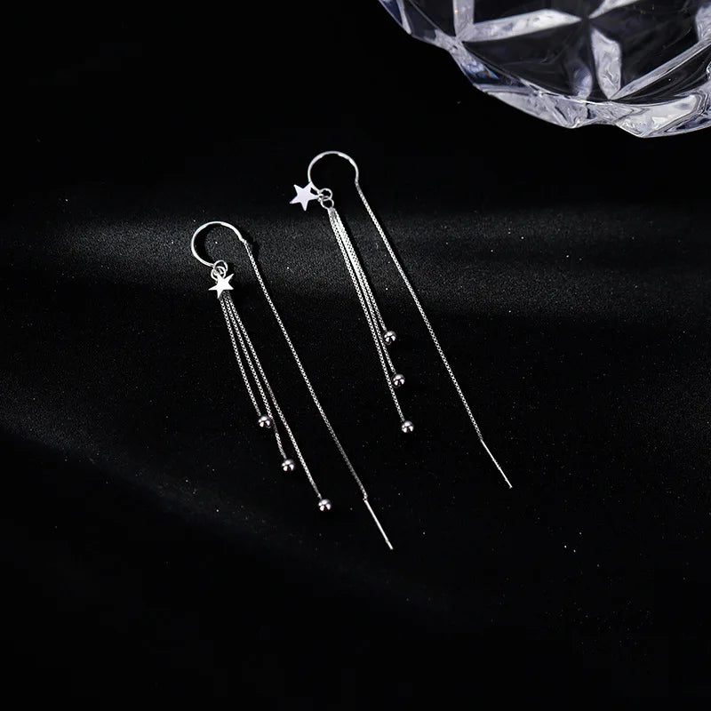 Designer 925 Sterling Silver Star Round Bead Long Tassel Dangle Earrings for Woman Exquisite Jewelry Accessories Gifts Colorfast