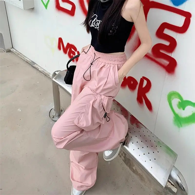 Y2K Parachute Black Pants Women Hippie Streetwear Oversize Pockets Cargo Trousers