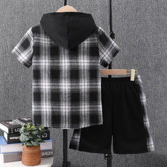 Boys Plaid Outfit Short Sleeves Button Down Hooded Shirt & Shorts Casual For Summer Kids Clothes